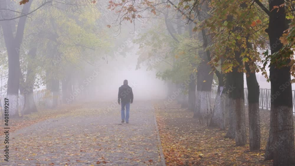 A man walks down the alley on a foggy morning autumn day. A man walks down the alley on a foggy morning autumn day.