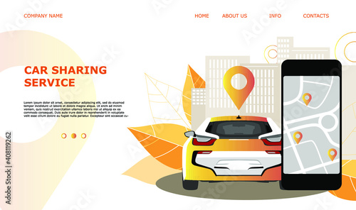 Landing page template web site carsharing or rent a car, sale and leasing cars, automotive services, insurance, car purchase. For mobile or smartphone application. Vector illustration. 