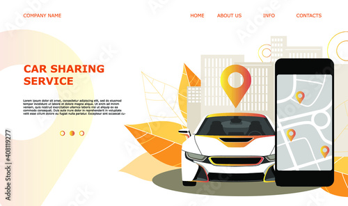 Landing page template web site carsharing or rent a car, sale and leasing cars, automotive services, insurance, car purchase. For mobile or smartphone application. Vector illustration. 