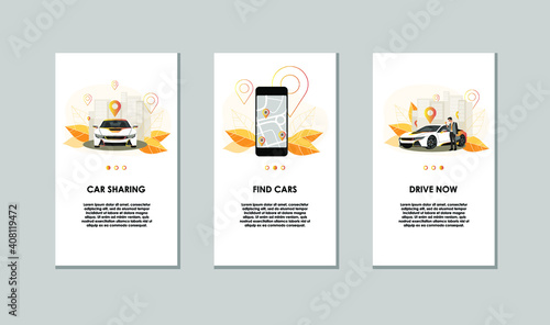 Landing page template web site carsharing or rent a car, sale and leasing cars, automotive services, insurance, car purchase. For mobile or smartphone application. Vector illustration. 