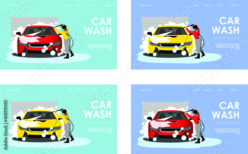 Car wash service website landing page template. Automotive cleaning logo design. Vector illustration.