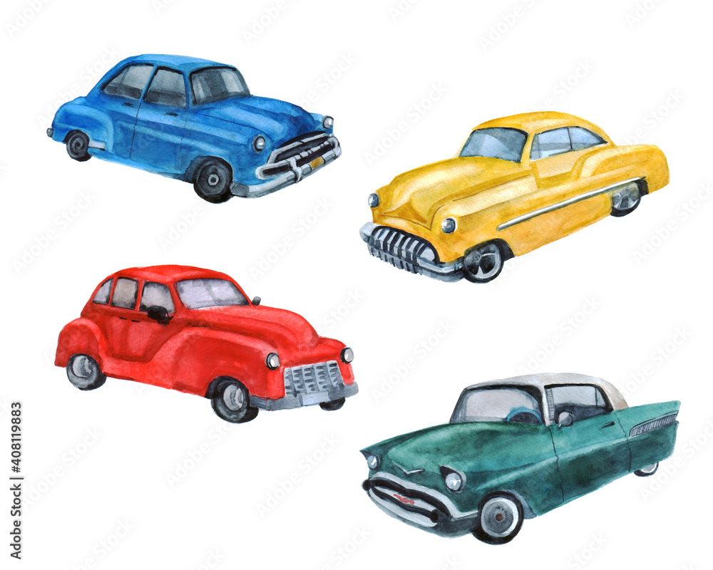 Watercolor illustration with beautiful retro cars on a white background. Illusion for your design Watercolor illustration with beautiful retro cars on a white background. Illusion for your design