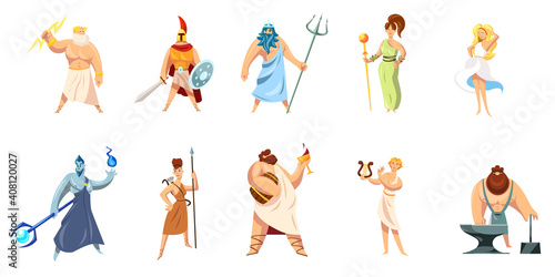 Greek mythology characters collection. Athena, Hephaestus, Ares, Poseidon, Zeus, Dionysus, Hephaestus, Aphrodite, Apollo. Vector illustration for ancient gods, Greece, religious culture concept