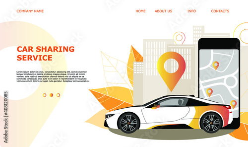 Landing page template web site carsharing or rent a car, sale and leasing cars, automotive services, insurance, car purchase. For mobile or smartphone application. Vector illustration. 