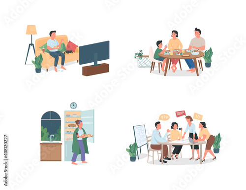 People with bad habits flat color vector faceless, detailed character set. Overeating at night. Unhealthy eating isolated cartoon illustration for web graphic design and animation collection