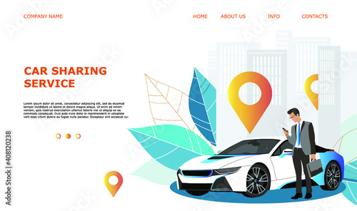 Landing page template web site carsharing or rent a car, sale and leasing cars, automotive services, insurance, car purchase. For mobile or smartphone application. Vector illustration. 