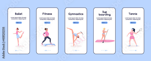 Characters in sport onboarding mobile app screen flat vector template. Women sports. Walkthrough website steps with characters. UX, UI, GUI smartphone cartoon interface, case prints set