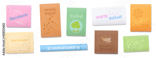 Natural or artificial sweetener, sugar substitutes with less or non calories. Saccharin, Xylitol, Sucralose, Stevia and other food additives, that enhances original food flavors. Vector on white.
