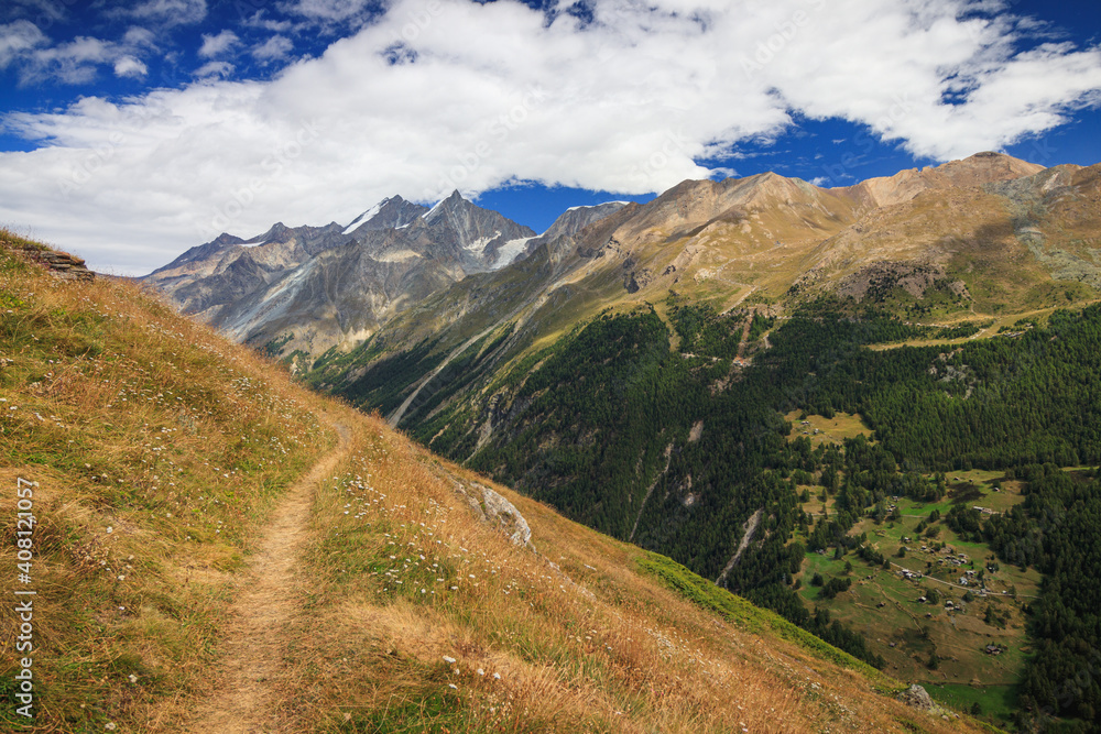 Zermatt in the swiss alps matterhorn view hikingpath, wallis with trees forest wood sunlight matterhorn view path Zermatt in the swiss alps matterhorn view hikingpath, wallis with trees forest wood sunlight matterhorn view path