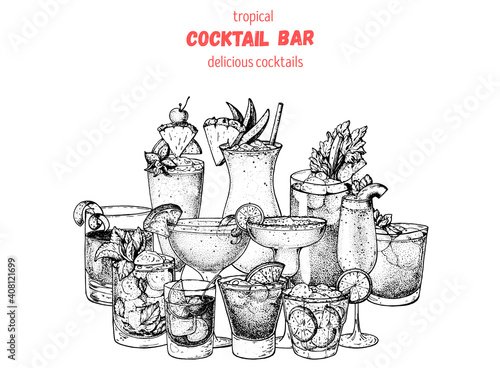 Alcoholic cocktails sketch. Hand drawn vector illustration. Hand drawn drinks illustration. Cocktails set. Menu design elements.