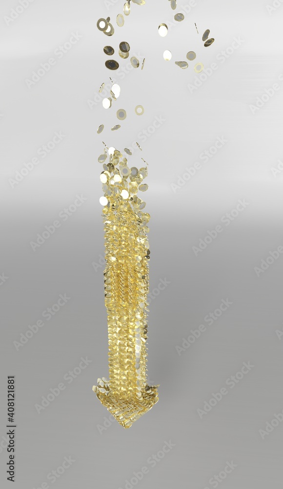 Coins falling from a gold pipe on a white background.