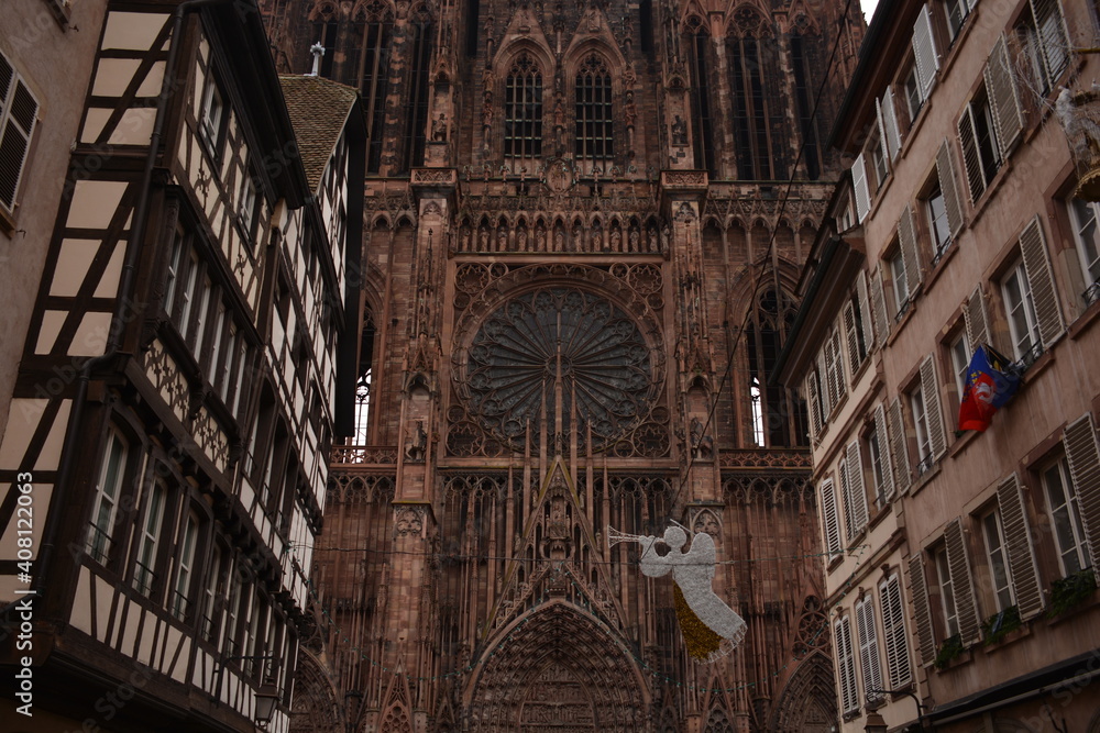 Close up of the front side of Strasbourg Cathedral. France tourism