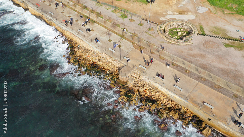 Aerial drone top down photo of archaeological site - tomb of Themistoklis in old Fertiliser factory, Piraeus port, Attica, Greece Aerial drone top down photo of archaeological site - tomb of Themistoklis in old Fertiliser factory, Piraeus port, Attica, Greece