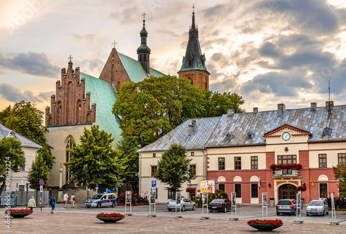 Fototapeta Naklejka Na Ścianę i Meble -  Panoramic view of Olkusz market square with St. Andrew Basilica in Beskidy mountain region of Lesser Poland
