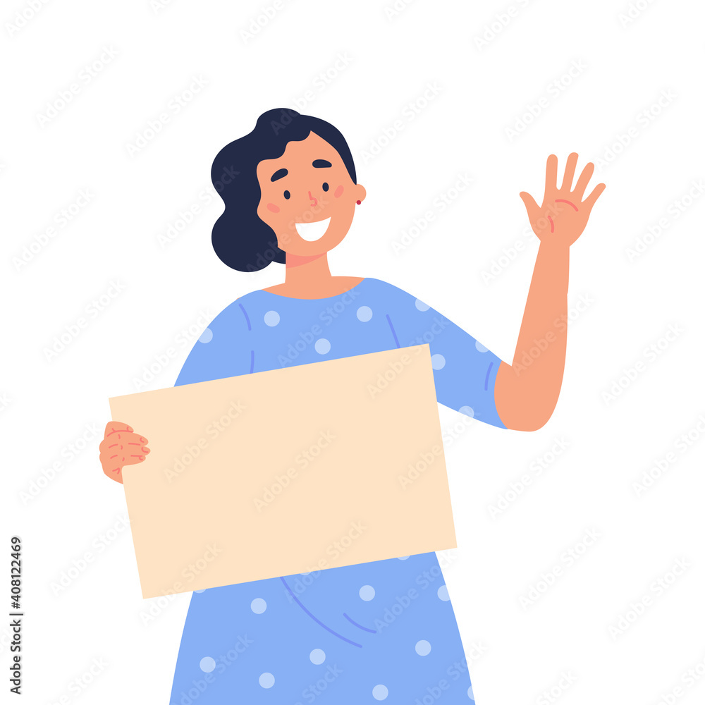 Girl holding a blank poster with place for text. A young woman holds a bullet leaf in her hand. Teenage girl shows a poster and waves her hand. Hand drawn style vector trendy illustration.