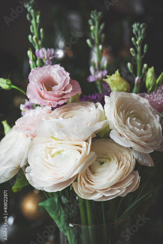 Ranunculus flowers bouquet in vase. Beautiful wedding flowers bouquet, modern fashion