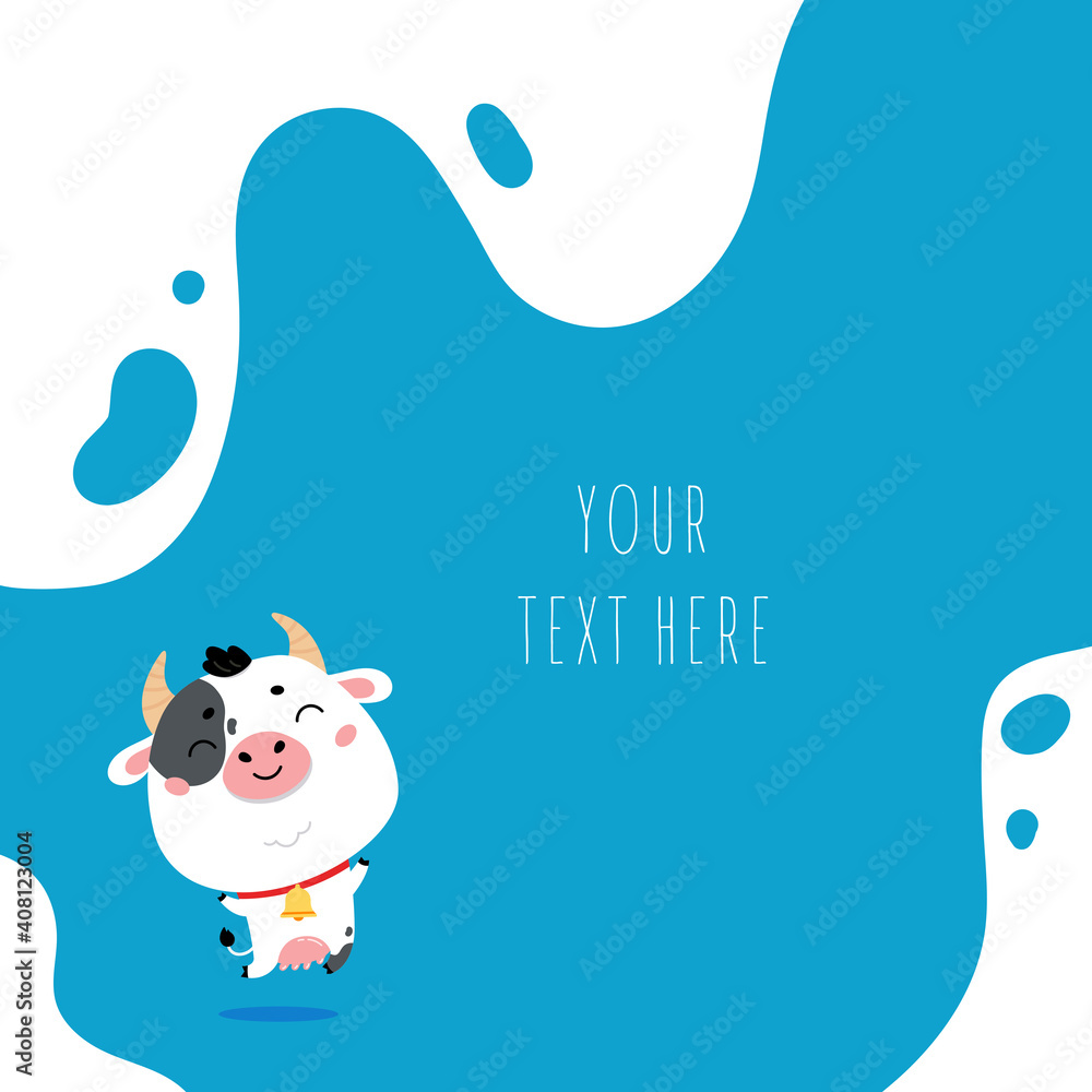 Cute cartoon farm milk animal character on blue background. Vector funny mascot. Vector Illustration of farm cow for printing on products and packaging containing milk. Cute cartoon farm milk animal character on blue background. Vector funny mascot. Vector Illustration of farm cow for printing on products and packaging containing milk.