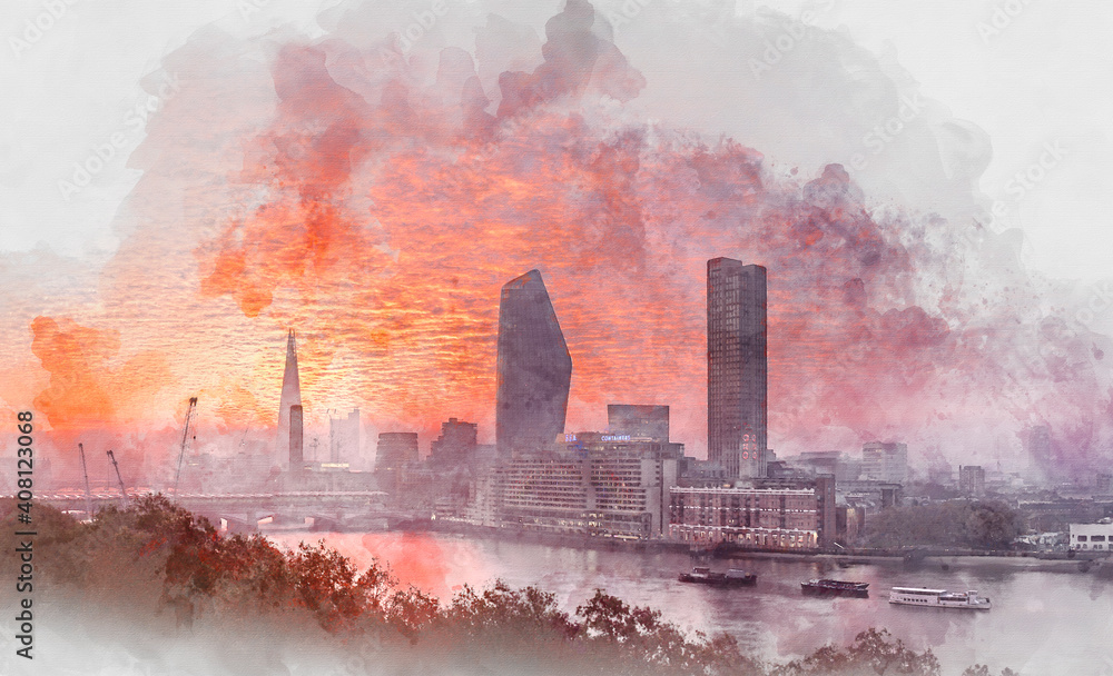 Digital watercolor painting of Majestic lamndscape image of sunrise over London cityscape with stunning sky formations over iconic landmarks