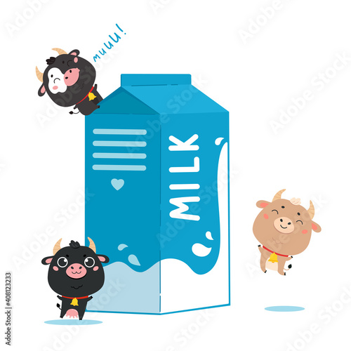 Illustration of cow and ox with a package of milk. Cute cartoon animal characters on white background. Vector funny mascot for printing on products and packaging containing milk in flat style. photo
