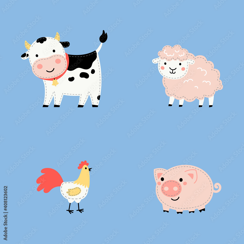 Set of cute cartoon farm animals isolated on blue background.Farm animals and bird in trendy flat style, including cow, sheep, rooster, pig.Vector illustration design for stickers, stripe, embroidery. Set of cute cartoon farm animals isolated on blue background.Farm animals and bird in trendy flat style, including cow, sheep, rooster, pig.Vector illustration design for stickers, stripe, embroidery.