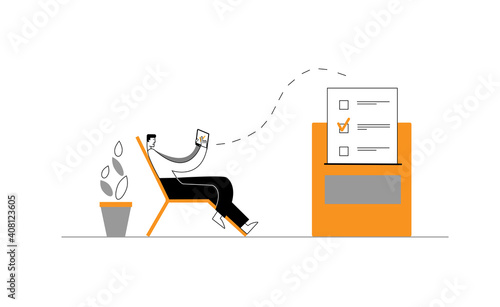 A man sitting in a chair voting online.