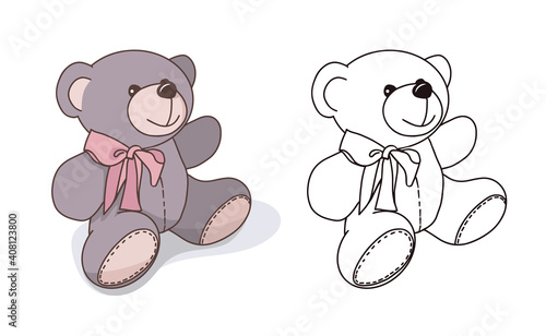 Vector hand-drawn illustration of a cute teddy bear. Gift toy for Valentines day, birthday, Christmas, holiday.