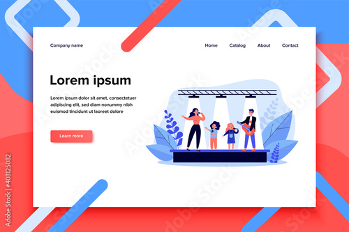 Family talent show. Woman and children singing with mic, man playing guitar on stage flat vector illustration. Musical performance, entertainment concept for banner, website design or landing web page