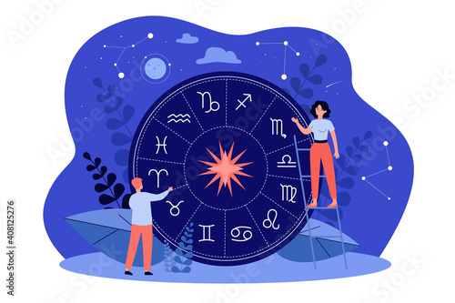Tiny people casting horoscope, studying zodiac signs or ancient calendar, creating natal chart against stars and constellations on night sky. Vector illustration for astronomy, astrology concept