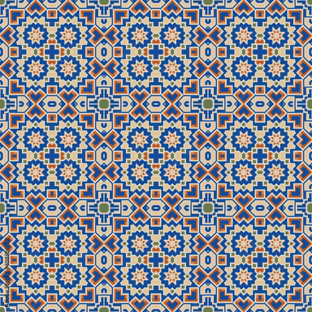 Creative trendy color abstract geometric pattern in beige orange blue, vector seamless, can be used for printing onto fabric, interior, design, textile, carpet, rug.