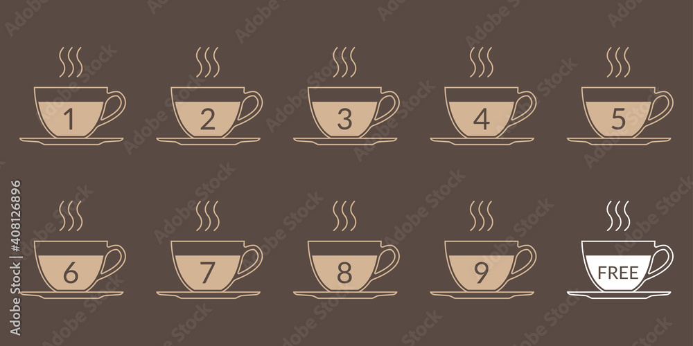 Coffee cup icon set for loyalty card design. Buy 9 cups and get 1 for free. Cafe beverage, hot drink promotion concept. Vector illustration. Coffee cup icon set for loyalty card design. Buy 9 cups and get 1 for free. Cafe beverage, hot drink promotion concept. Vector illustration.