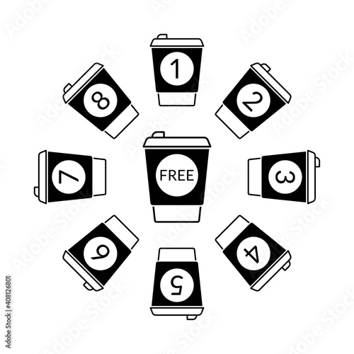 Coffee loyalty card concept with take away coffee cup icons. Buy 8 cups and get 1 for free. Cafe beverage promotion design template. Vector illustration.