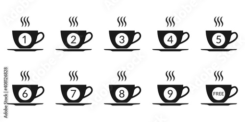 Coffee loyalty card concept with coffee cup icons. Buy 9 cups and get 1 for free. Cafe beverage promotion design template. Vector illustration.