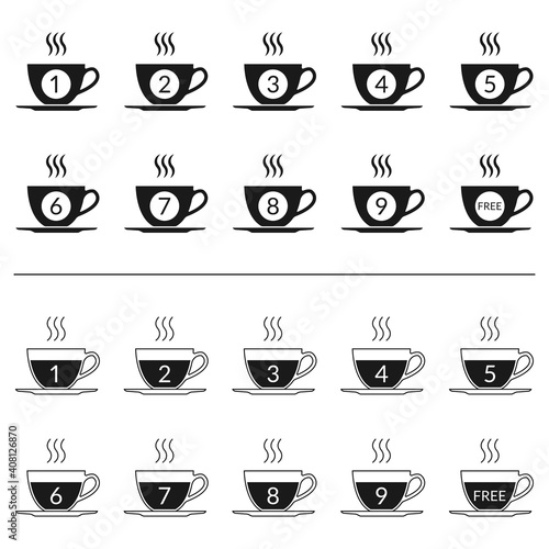 Coffee loyalty card concept with coffee cup icons. Buy 9 cups and get 1 for free. Cafe beverage promotion design template. Vector illustration.