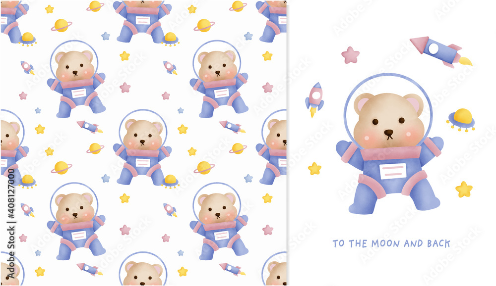 hand drawn Little teddy bear in the galaxy seamless pattern and greeting card for scrapbooking, wrapping paper, invitations.