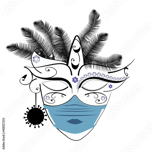 venezianische maske schwarz mit virus und corona mundschutz