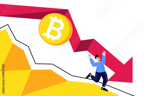 Man Running away from Falling Bitcoin. Bitcoin Price Falling Down Concept. Loosing Money in Crypto Trading. Cartoon Vector illustration