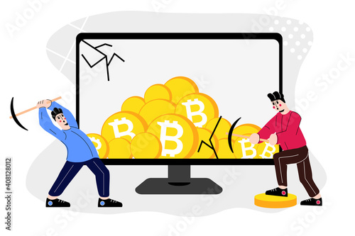People mining mountain made of Bitcoins. Cryptocurrency mining hype with high earnings concept. Investment in bitcoin and other digital currency. Funny Cartoon Characters. Vector Illustration.