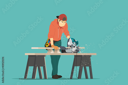 Carpenter with electric saw. Vector illustration.