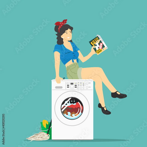 Woman sitting on wash machine. Vector illustration.