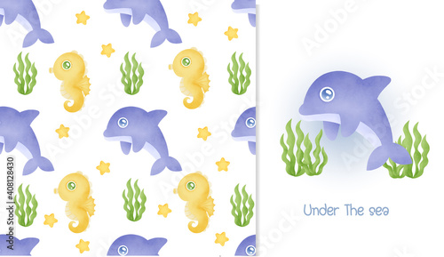 Watercolor seamless pattern and greeting card with cute dolphin.
