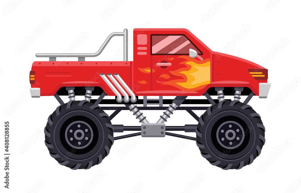 Modern red Monster Truck vehicle with flames of fire on the side. Vector flat illustration Modern red Monster Truck vehicle with flames of fire on the side. Vector flat illustration