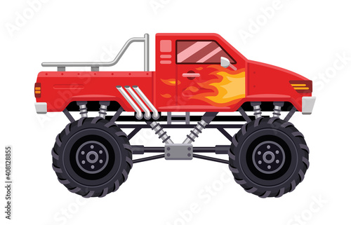 Modern red Monster Truck vehicle with flames of fire on the side. Vector flat illustration