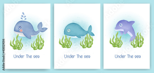 water color Set of baby shower greeting cards with a cute sea animals .