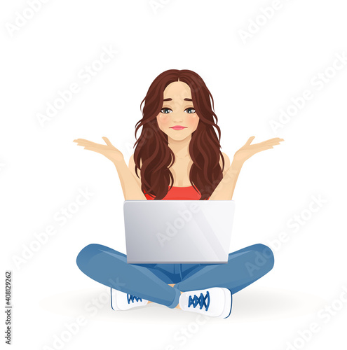 Young beautiful frustrated woman using laptop computer sitting with crossed legs isolated vector illustration