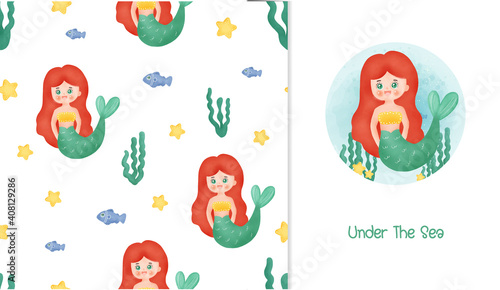 Little mermaid card and seamless pattern .