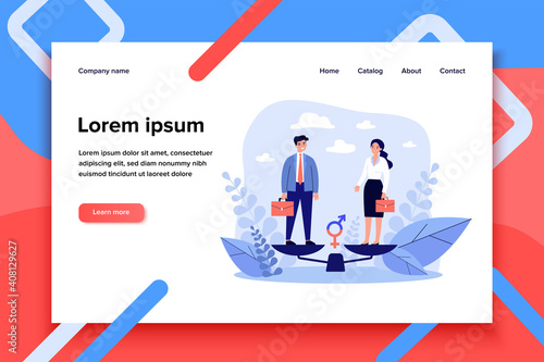 Equal male and female tiny employees standing on balance scale. Vector illustration for gender equality, equal rights, career opportunities, discrimination, workforce, business concept