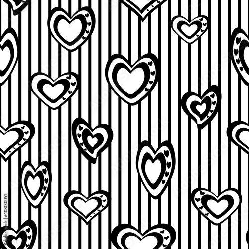 Seamless vector pattern. Stylized black and white hearts on a striped background.