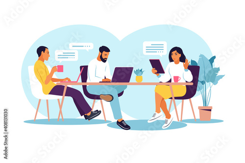 Business people working together. Coworking space with creative or business people sitting at the table. Flat modern vector illustration.