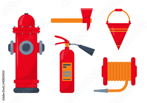Red fire tools. Fire extinguishing equipment.