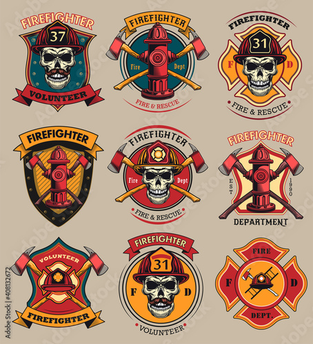 Firefighter patches set. Badges with skulls in helmets, axes, hydrant, red heraldry with ribbons. Colored vector illustrations collection for firemen, fire department, rescue concept